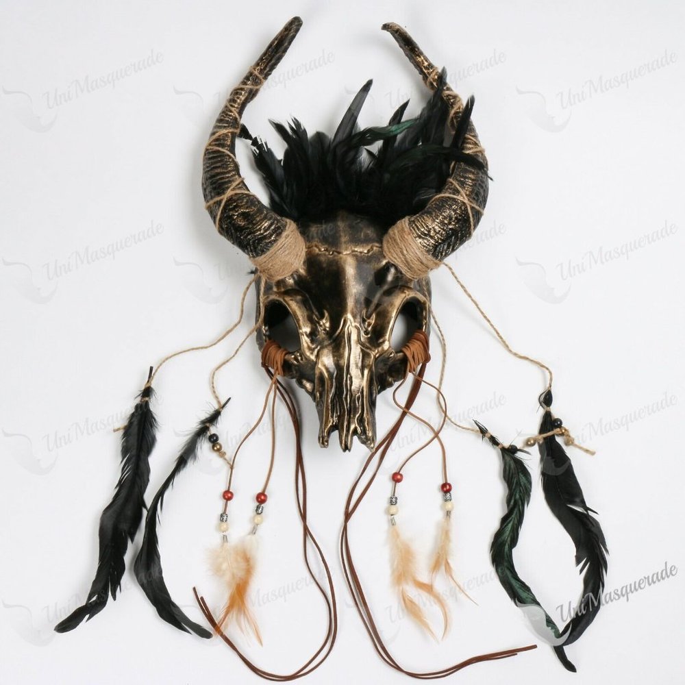 Devil Animal Skull Bull OX Horns Mask Halloween Black Gold